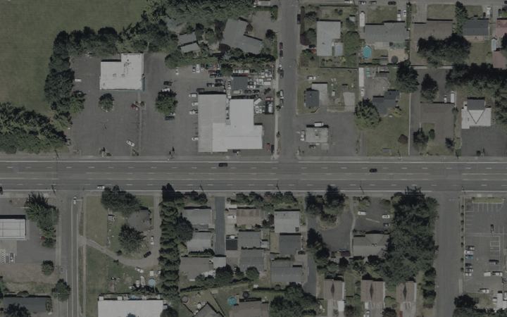 Aerial photo of SE Stark Street in Gresham, with a red pin at Oregon Camshaft, 21325 SE Stark St